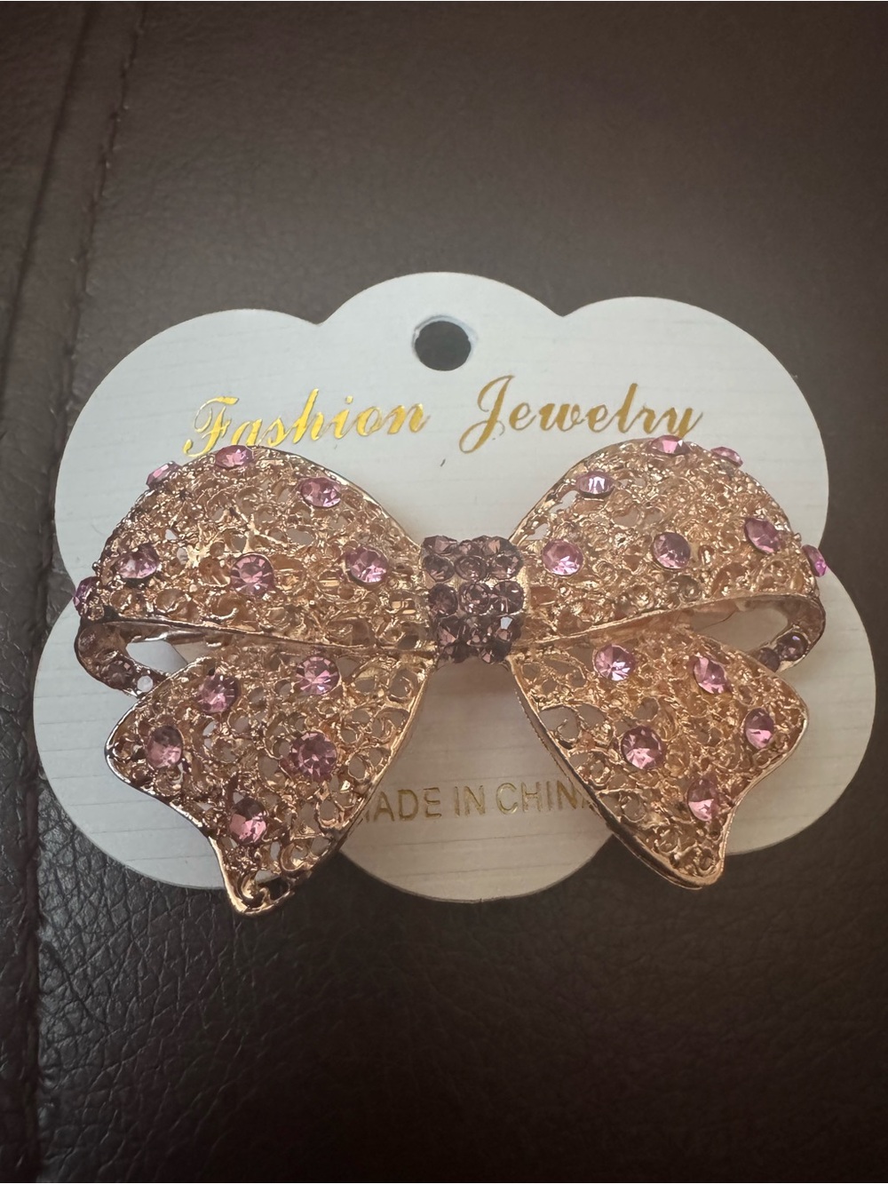 NWT Rose Gold Filigree Bow Hair Clip with Pink Rhinestones